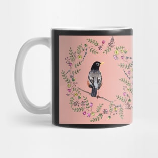 American Robin with Flower Wreath and coral background Mug